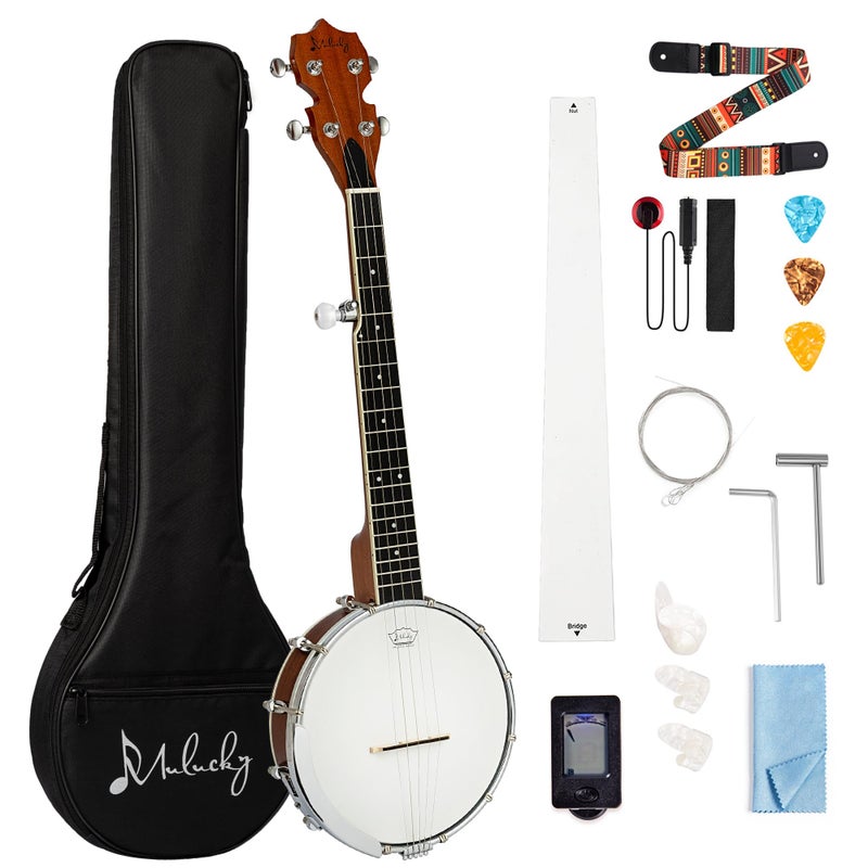 Mulucky 5 String Banjo Mini - Mulucky 26 Inch Travel Banjo Sapele Body Closed Solid Back Beginner Kit With Gig Bag Picks Strings Strap - B806 - Image 1